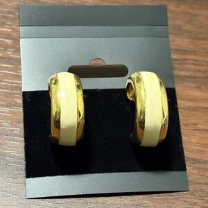 Napier Gold Tone Cream Enamel Hoop Earrings Vintage Chunky Pierced Signed